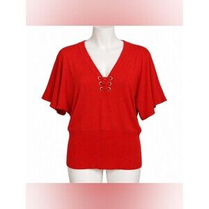 Cable & Gauge Red V-Neck Top Women's Large Wide Short Sleeves Flowy Businesswear